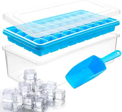 Silicone Ice Cube Tray with Lid, Bin & Scoop | BPA Free, Easy Release, Stackable Mold Maker for Cocktails & Drinks