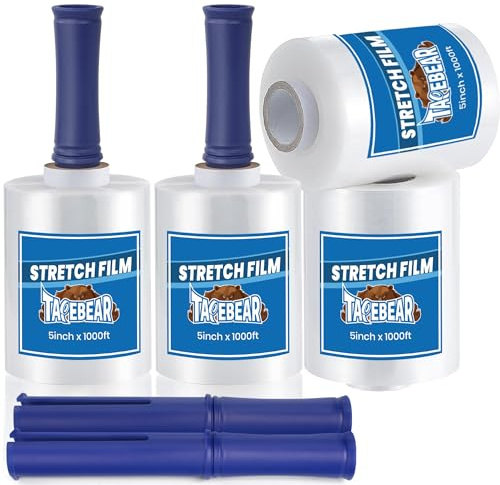 TAPEBEAR Pellicola Estensibile Con Manico in Plastica 127mm x 305M, Pellicola Trasparente Per Pallet Per Pallet, Materiali in Movimento e Pellicola Termoretraibile, Confezione, 4Rotoli