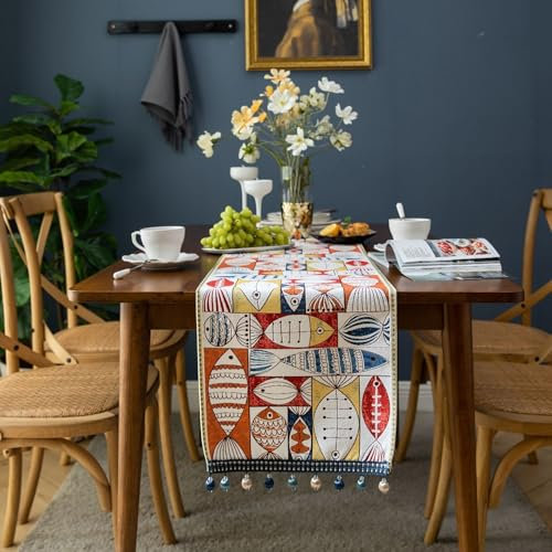 Tischläufer Mit Perlen, Weihnachts-Jacquard, Kleine Fische, Gewebte Tischdecke, Waschbar, Handgefertigt, Rot, Staubdicht, Party-Tischdecke for Küche, Esszimmer, Kaffeetisch(35x180cm)