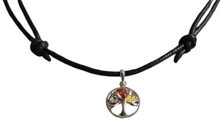 AmadesInspiration Einzigartige BERNSTEIN Kette Anhänger an gewachsten Baumwollband (Silber Lebensbaum)
