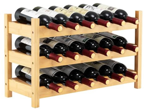 COSTWAY Weinregal für 18 Flaschen, Flaschenregal mit 3 Etagen, Flaschenhalter aus Bambus für Keller, Küche, Bar, Esszimmer, Flaschenhalter Holz, 62 x 24 x 38 cm, Natur