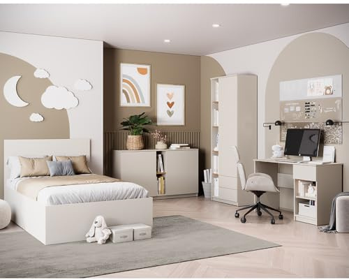 Lomadox Jugendzimmer Set 4-teilig in Kaschmir mit Eiche mit Bett 120x200cm, Sideboard, Kleiderschrank, Schreibtisch grifflos minimalistisch Schlafzimmer Kinderzimmer