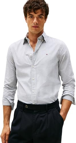 Tommy Hilfiger Camisa Hombre Flex Poplin Mini Tartan Regular Fit, Multicolor (Breezy Blue/Check), XL