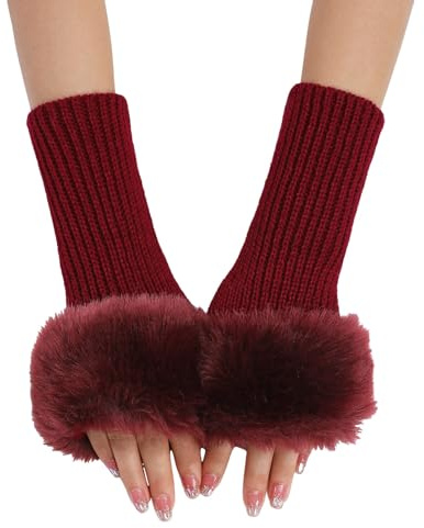 Winter Gestrickte Handschuhe mit Plüsch für Damen Warm Strick Handschuhe Pluswärmer Handstulpen Armwärmer Stulpen für Damen Fingerlose Armstulpen Feinstrick lang Handwärmer Stulpen (Red, One Size)