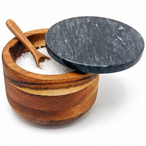 Cerdo de sal de madera de acacia para cocina con cuchara integrada y tapa | Elegante bodega de sal con patas de goma, recipiente sellado para pimienta, especias, hierbas, marca del Reino Unido