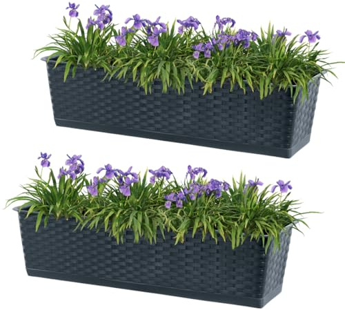 DTU24 2er Set Balkontopf mit Untersatz, Pflanzkasten, Balkonkasten mit Wasser Öffnungen, Blumenkasten für Rosen, Oleander, Rattan Imitation (2 Stück, 50 cm, Anthrazit)