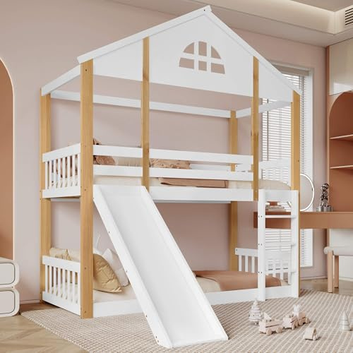 HYUB Etagenbett Kinderbett 90x200 cm mit Rutsche und Leiter, Stockbett Holzbett mit Dach und Fallschutzgitter, Bettgestell mit Stauraum und Lattenrost, Weiß+Natur