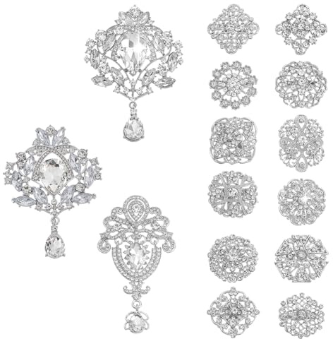 AHANDMAKER 15 broches de cristal, 15 estilos de diamantes de imitación de flores, rombos e insignias ovaladas, broches de solapa brillantes para adorno, ramo de boda, color plateado