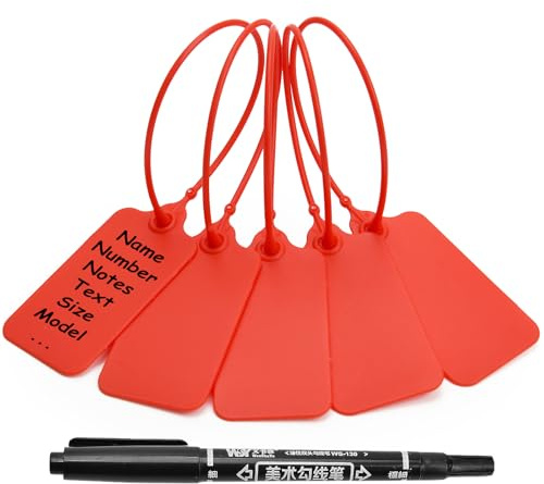 100 Red Blank Plastic Tags for Labeling Waterproof Hanging Labels Writable Tags Seal Plastic Marking Label for Luggage Bags Keys Inventory with One Marker Pen