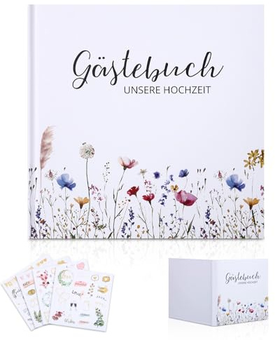 Zofory Gästebuch Blanko mit 4 Schöne Aufkleber und 72 Doppelseiten Premium Dickem Papier, Gästebuch Hochzeit 21 x 21cm, Gästebuch Geburtstag für Hochzeiten, Geburtstage und Festliche Anlässe
