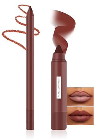 Prreal Lip Liner Pencil och Crayon läppstick set, 2-i-1 matt läppfoder och läppstick kombination, vattentät, lång hållbarhet, hög pigmenterad läppmakeup-kit för kvinnor (03 bröstbrun)