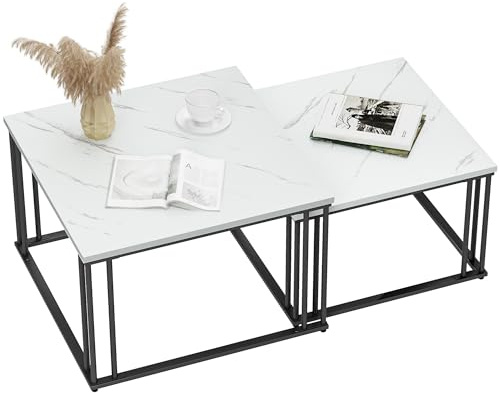 YITAHOME Couchtisch 2er Set, Wohnzimmertisch Modern, Beistelltisch 2er Set Stapelbar mit Holzplatte und Metallrahmen, Couch Tisch Wohnzimmer Heimbüro, Weißer Marmor und Schwarz