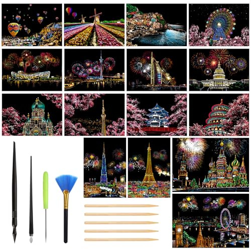 Dfuqanb 16 Blatt Kratzbilder Kinder, Kratzstifte für Kratzbilder Kratzbilder Erwachsene Scratch Painting Regenbogen Kratzpappier Set, Stadt & Feuerwerk für Erwachsene Kinder mit 5 Spezialwerkzeugen