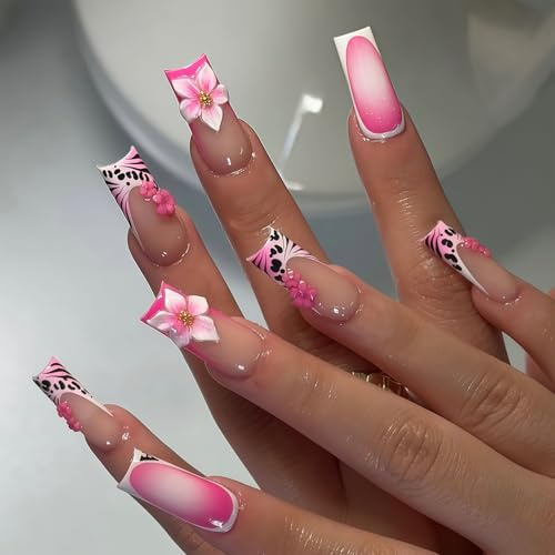 Auroriel 24 pièces ongles pressés français à pointes mi-longues avec motifs fleurs roses et léopard réutilisables charms fleurs 3D pour manucure féminine