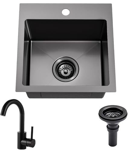 Gunmetal Black bar sink 15 inch Drop in Bar Sinks Modern Stainless Steel Small Kitchen Sinks Single Bowl RV Sink with Faucet Combo