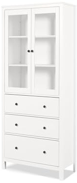KHG Vitrine Landhausstil weiß Massivholz Kiefer-Echtholz Glastüren 3 Fächer 3 Schubladen