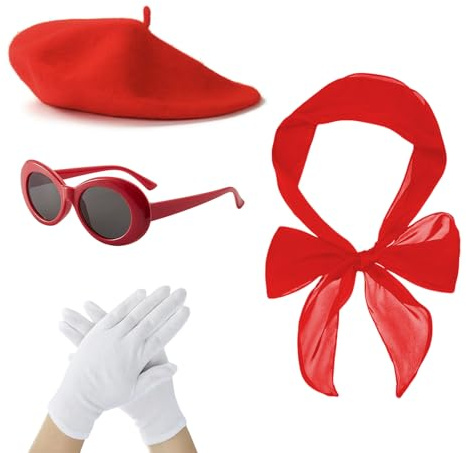 CERCTLA Rockabilly Accessoires Damen, 4 Stück 50er Jahre Damen Kleid Zubehör, Fasching Accessoires für Karneval, Halloween, Cosplay, Set mit Rote Baskenmütze, Schal, Sonnenbrille, Handschuhe