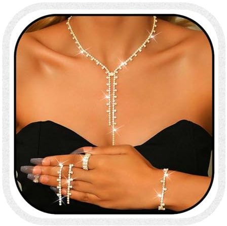 Reaky Ensemble de bijoux de mariée collier en argent et strass, 4 pièces, pour femme. (Doré)