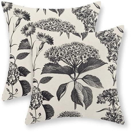 JEFERSO Black Pillow Covers 18x18 Set of 2 Boho Herbs Botanical Floral Hydrangea Throw Pillows Vintage Flower Outdoor Decoration Pillow Cases Linen Farmhouse Cushion Case Decor for Couch Sofa
