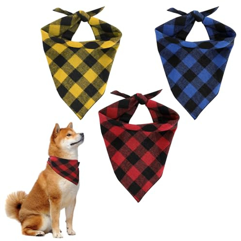 ElevateTech Plaid Dog Bandana, 3 Pcs Checkered Dogs Triangle Bibs Scarf | Washable Cotton Pet Triangle Scarf, Adjustable Neckerchief, Pet Handkerchief Accessories, for Large Medium Dogs Puppies