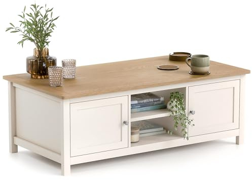 CHRISTOW Coffee Table, 2 Cupboards & 2 Shelves, Cream