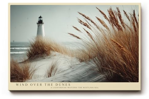 Paul Sinus Wandbild 120x80cm Leuchtturm Duenen Meer Landschaft Fotokunst modern beige Natur Kunstdruck grosses Kunstbild maritime Wanddekoration fuer Wohnzimmer Büro Flur