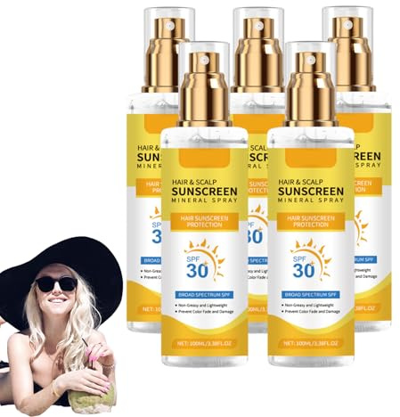 Spray de protection solaire SPF 30 pour le cuir chevelu et les cheveux, protection UV pour la défense des cheveux colorés, écran solaire léger non gras, bouclier extérieur de piscine (5 bouteilles)