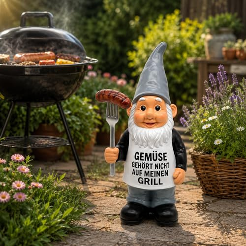 Jumbos Dekowelt Figurine de barbecue nain de jardin en résine avec fourchette à barbecue et saucisse, 45 cm, figurine de jardin résistante aux intempéries pour jardin, balcon et terrasse, décoration