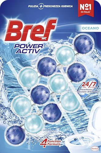 Bref WC Power Activ Ocean Detergente Profumatore in Pastiglie Igienizzante Bagno, Pulito, Fresco, 1 Confezione da 3 Pezzi