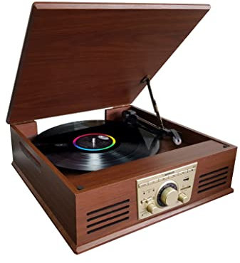 Sunstech PXR32, Tocadiscos Vintage, Reproductor de Vinilo y Reproductor de Musica Mediante Bluetooth, USB, Tarjetas de Memoria SD y conexión Auxiliar. Sintonizador de Radio FM. 2 Altavoces. Madera.
