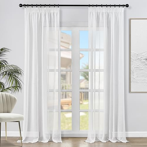 Topfinel Gardinen mit Kräuselband Voile Vorhänge Halbtransparent Vorhang Weiß Gardinen Wohnzimmer Modern 140x280cm (BxH) 2 Stücke für Wohnzimmer Schlafzimmer Fenster