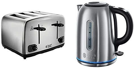 Russell Hobbs 24090 Adventure Four Slice, Brushed Polished Stainless Steel Toaster & 20460 Quiet Boil Kettle, Brushed Stainless Steel, Silver, 3000 W, 1.7 Litre