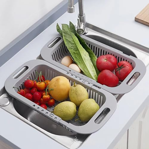 MineSign Confezione da 2 scolapasta estensibili per frutta e verdura, cestello regolabile, scolapasta per lavello da cucina (grigio)