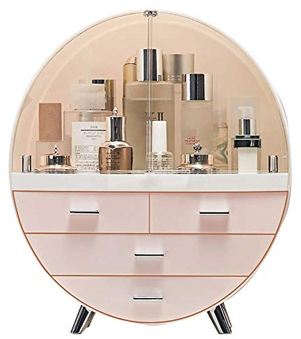Qivange Makeup Organiser Round Dustproof Cosmetics Storage Box with Cover | Multifunctional Skincare Organiser for Lipstick, Nail Varnish, Eyeshadow and Brushes, for Vanity, Bedroom and Bathroom
