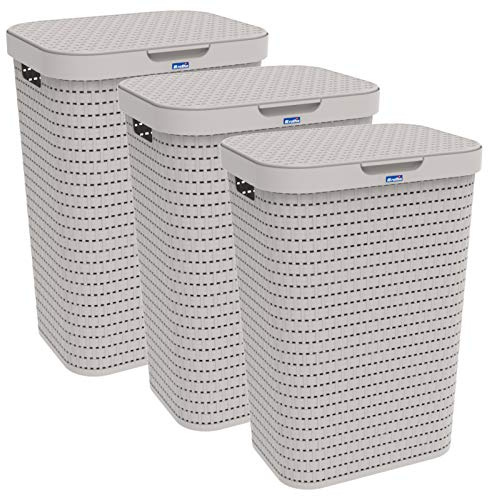 Rotho Country Wäschekorb mit Deckel 3er-Set 55 L schmal Wäschekorb Beige | Wäschesammler mit Deckel, Deckel vollständig zu öffnen, angenehmes Tragen, Rattan-Optik, einfach zu reinigen, hygienisch