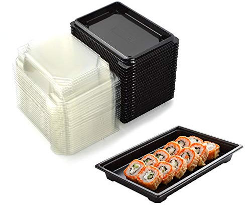 quadripack PZ 50 VASCHETTA NERA PER SUSHI, SASHIMI, PESCE IDEALE PER L'ASPORTO DI CIRCA 3/6 PORZIONI + COPERCHIO TRASPARENTE CONTENITORE IN PLASTICA PER ASPORTO SUSHI