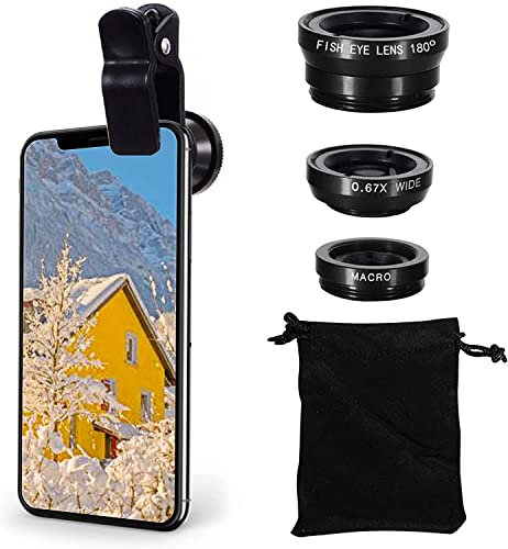 Akls Universal 3 in 1 Phone Camera Lens Kit - 180°Fish Eye, Macro, 0.67X Super Wide Lens for iPhone, Samsung, Huawei - Black