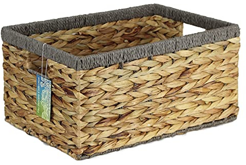 Large Rectangular Water Hyacinth baskets. Natural baskets light colour and with grey edges. Open bins for storage of shoes, toys or books and magazines (42cm, Grey Edge) | Natural Light Colour, Open Bins, For Shoes, Toys, Books & Magazines