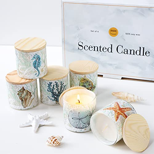 Jar Candles Scented with Lid Gift Set of 6 Ocean Theme Glass Jar Different Fragrance Soy Wax Aromatherapy Candles Take Harsh Smells Away Candle for Home Scented Stress Relief Relaxation