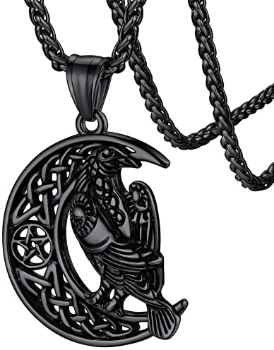 FaithHeart schwarz Viking Rabe Anhänger Halskette Wikinger Krähe Kette Retro Nordischer Krähe Kette mit Halbmond für Geburtstag Vatertag Valentinstag