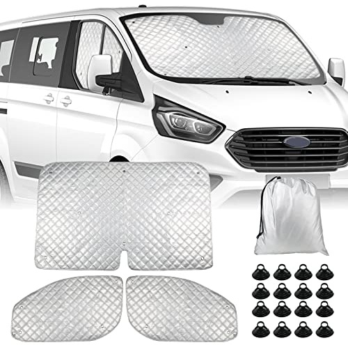 Sonnenschutz Auto Frontscheibe Ersatz für Ford Transit Custom 2012-2022 | 3PCS Thermomatte Verdunkelung Windschutzscheiben Schutz Set, Internes Thermisches Jalousie Fenster Set Aufbewahrungsbeutel