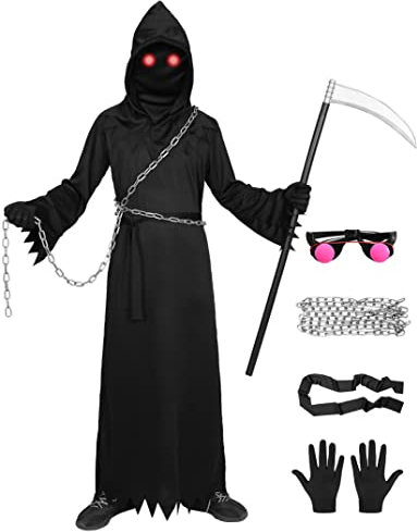 Alaiyaky Kostüm Sensenmann Für Kinder, Erwachsene, Robe mit Kapuze, Sensenmann Kleidung/Kapuze/Sense/Ketten/Brille,Halloween, Karneval, Mottoparty (XL, Kinder)