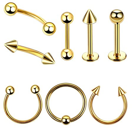 Lieson 8 Stück Nasenringe Nasenpiercing Edelstahl 16G Nasenring Nasenstecker Gerade Stab C Form und Creolen 10MM Piercing Septum Knorpel Tragus Helix Ohrringe Gold