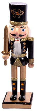 Schiaccianoci Natale Soldatino con spada (24cm) in legno glitterato, nero/oro