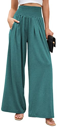 Famulily Women’s Trousers Plus Size Loose Fit Fashion Flared Pants Wide Leg Elastic Waist Pajamas Lake Blue M
