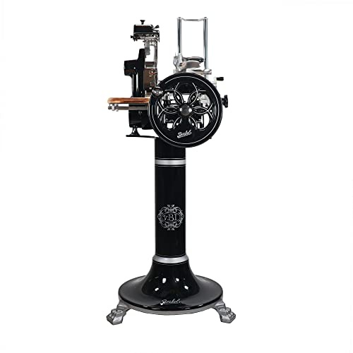 Berkel Aufschnittmaschine Volano B2 in Schwarz - Wunderschöne Schwungradmaschine mit Standfuß + 100% Handgefertigtem Faßholzbrett Unikat