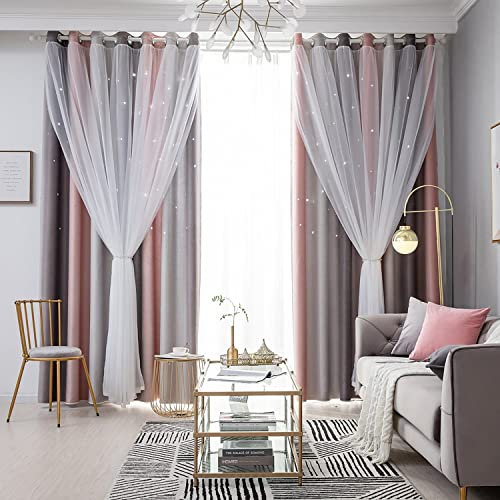 Vorhang Blickdicht Verdunkelungsvorhänge Sterne Gardinen Doppelschicht Sternenvorhänge mit Voile Vorhänge für Mädchen Schlafzimmer Wohnzimmer Kinderzimmer, 1 Stück (Grau, B 100 x H 250 cm)