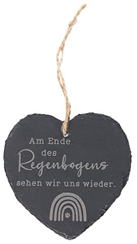 Spruchreif | Wetterfestes Schieferherz mit Gravur „Am Ende des Regenbogens sehen wir Uns Wieder“ | Herzförmige Schiefertafel mit Kordel | Erinnerung an Haustiere & Trauergeschenk