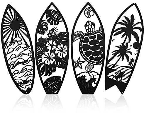Therwen 4 Stück Metall Surfbrett Wanddekoration Sommer Tropisches Metall Surfbrett Strand Schilder Tropische Palme Kunst Schildkröte Dekoration Sommer Wanddekoration für Tür (Schwarz) | Surfbrett-Dekor für Wand, hawaiianische dekorative Sommer-Wandkunst-Schilder, für Wohnzimmer, Schlafzimmer, Tür
