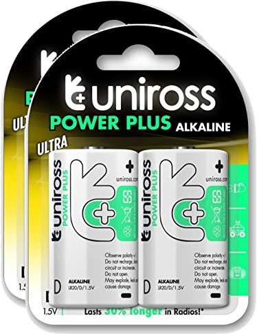 UNiROSS Pack de 2 x 2 Piles Alcalines D-LR20 Power Plus 1,5V